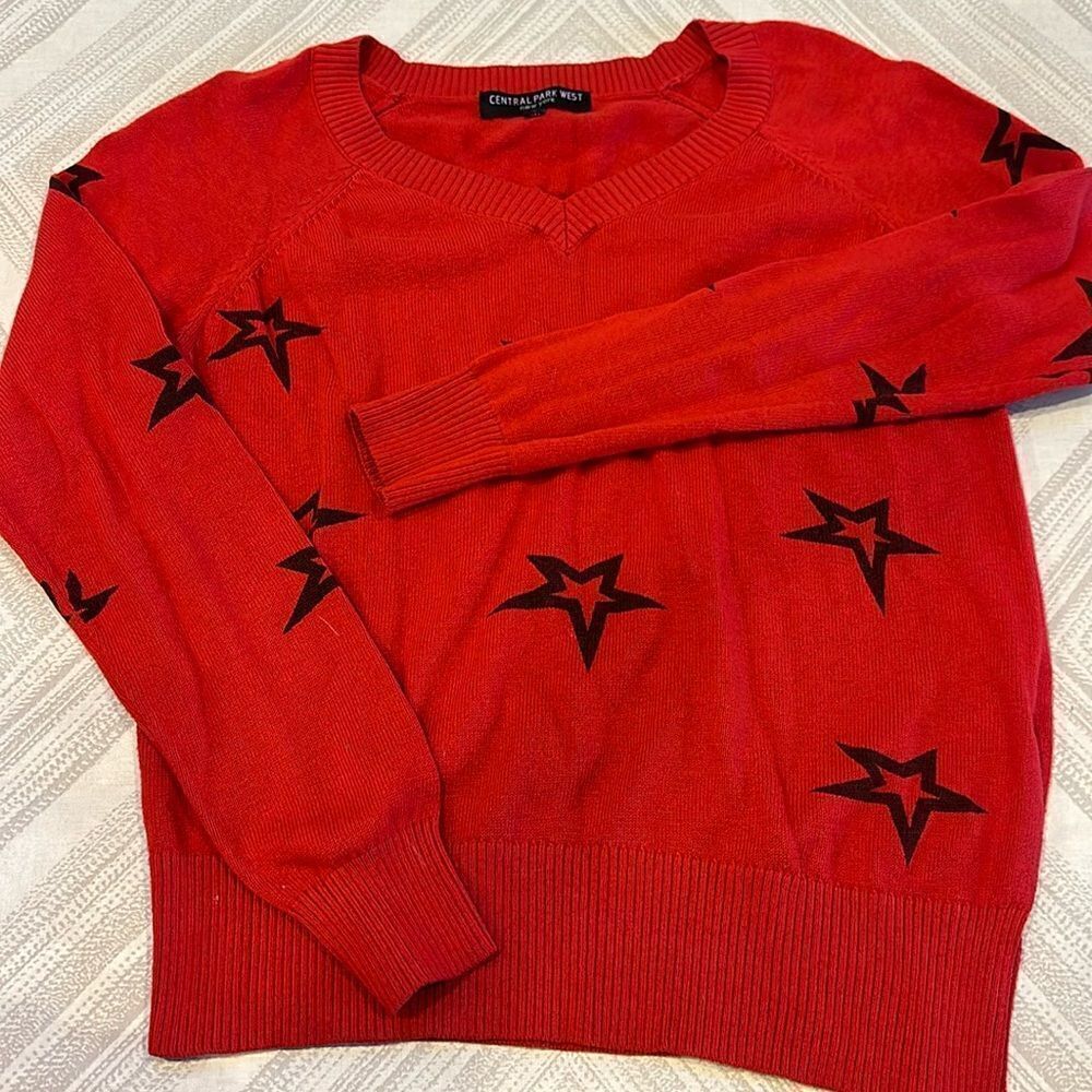 Central Park West Women’s Red with Stars V Neck Side Slit Sweater - Size S